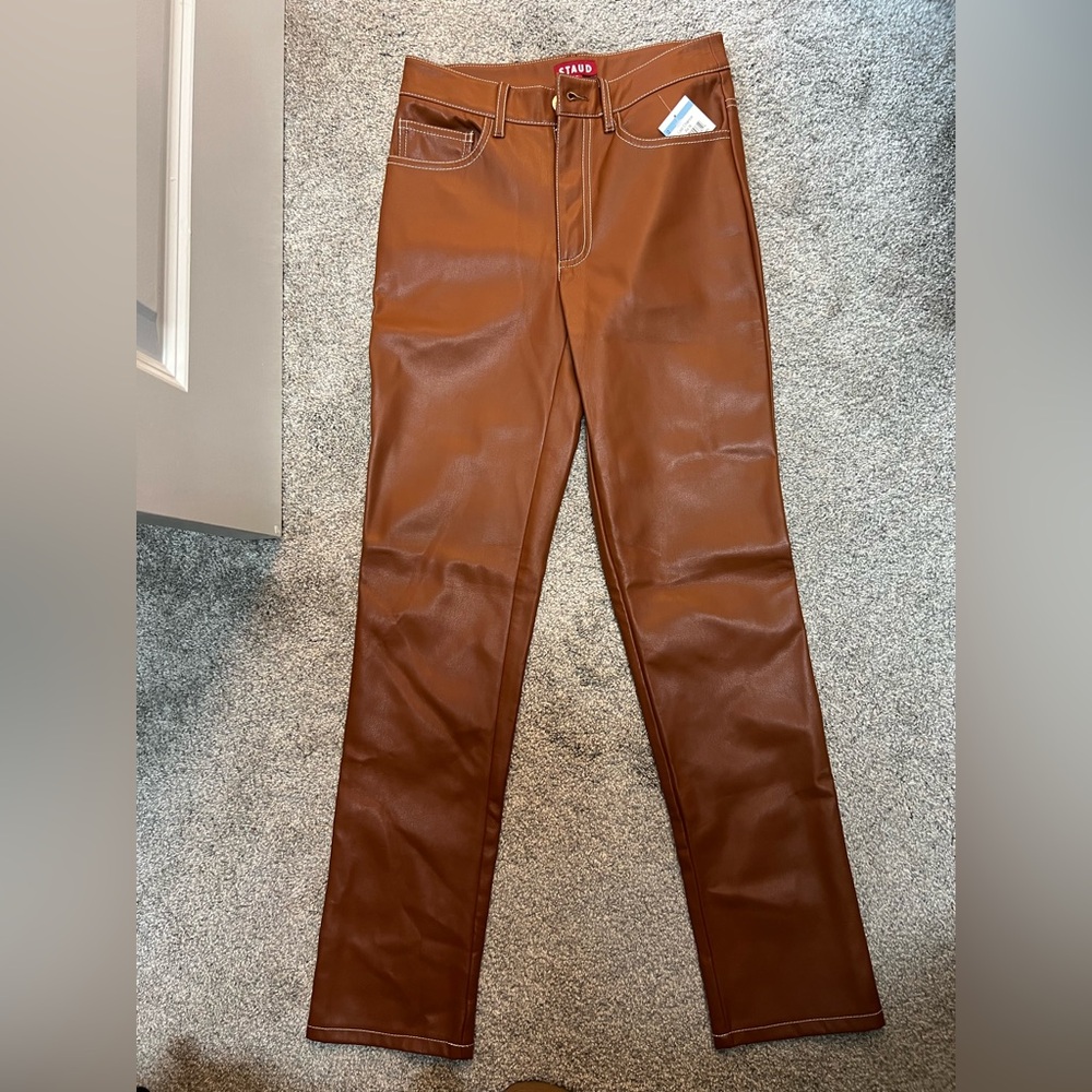 STAUD Tan Faux Leather Pants - 0
